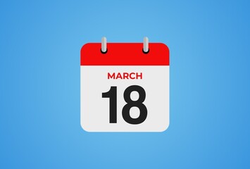 18 March calendar icon on blue background. Flat design. 