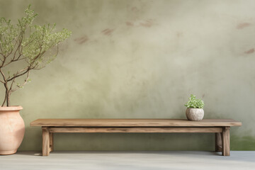 Rustic wood bench against wall with copy space