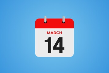 14 March calendar icon on blue background. Flat design. 