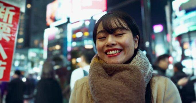 Travel, happy and face of Japanese woman in the city on exploring vacation, adventure or holiday. Smile, excited and portrait of young female person with positive attitude in town on weekend trip.
