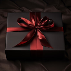 Black gift box with red ribbon on black velvet