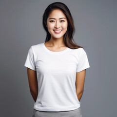 Mockup. Fashion Photography: Smiling Asian Women in White T-shirt