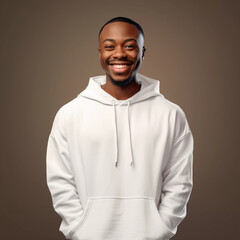 Obraz premium Mockup. Fashion Photography: Smiling Black Man in White Hoodie