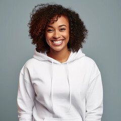 Mockup. Fashion Photography: Smiling Black Woman in White Hoodie