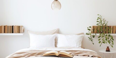 In a white bedroom, a hanging lamp illuminates a bed with white sheets, accompanied by books and a gold fern leaf on a nearby table.