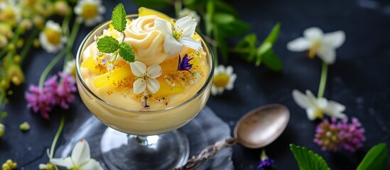 Obraz na płótnie Canvas Dessert with elderflower, lemon curd, and fresh flowers in a glass jar