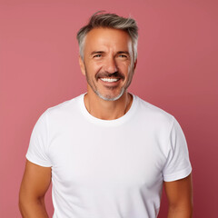 Mockup. Smiling Beautiful 60-Year-Old Man in White T-Shirt