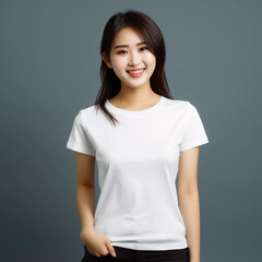 Obraz premium Mockup. Smiling Beautiful Chinese Women in White T-Shirt
