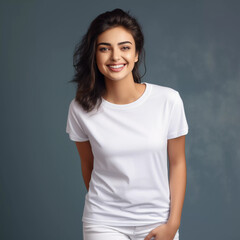 Mockup. Smiling Beautiful Disabled Female Model in White T-Shirt