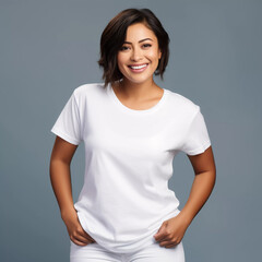 Fototapeta premium Mockup. Smiling Beautiful Oversize Latina Women in White