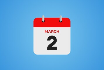 2 March calendar icon on blue background. Flat design.	