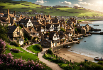 Obraz premium old fashioned english seaside town on a misty spring morning.