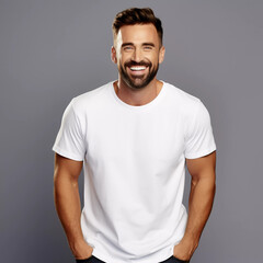 Mockup. Smiling Beautiful Oversize Man in White T-Shirt