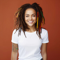Mockup. Smiling Beautiful Woman with Rasta in White T-Shirt