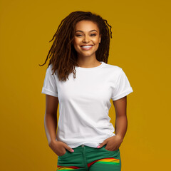 Mockup. Smiling Beautiful Woman with Rasta in White T-Shirt