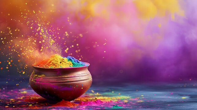 Indian festival Holi concept colour bowl with colorful background and writing holi Hai in marathi calligraphy,Diwali Rangoli Color Background