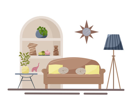 Modern living room design with furniture. A sofa, a table with a flower pot, a floor lamp and a bookcase with figurines and candles. For brochures, leaflets, flyers, furniture stores. Flat vector