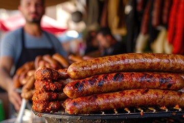 Street Food Tradition: Marrakech's bustling souk is adorned with a tempting display as a vendor presents spicy merguez sausages, a delectable fusion of lamb, beef, harissa, and North African spices - obrazy, fototapety, plakaty