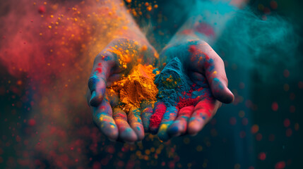 Holiday Holi concept.An explosion of multi-colored paint, bright vibrant pigments. Noisy dust and powder texture, flicker and shimmer noise. Background with hands for design,
Colorful holi powder 