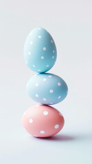 Fototapeta na wymiar Aesthetic three pastel coloured Easter eggs with dots. White background. Creative cute card. Copy space. Generative AI