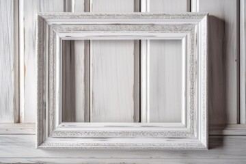 White wood background with a silver colored blank frame for a painting, a photo, or writing....