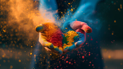 Holiday Holi concept.An explosion of multi-colored paint, bright vibrant pigments. Noisy dust and powder texture, flicker and shimmer noise. Background with hands for design,
Colorful holi powder 