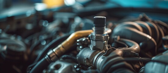 Replace oxygen sensor in old or damaged gasoline car, inspect lambda sensor, close-up of engine spare parts, and examine part of car's exhaust system with combustion engine. - obrazy, fototapety, plakaty