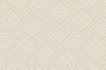 Embossed artistic white background, vintage cover design. Handmade, boho, doodle, zentagle. Geometric 3D pattern. Ornaments, arabesques. Ethnicity of the East, Asia, India, Mexico, Aztec, Peru.