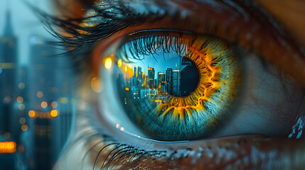 Extreme close up of a natural eye , the reflection of the city ​​buildings can be seen in the eye. Generative AI. - obrazy, fototapety, plakaty