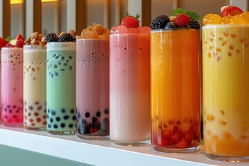 Close-up photo showcasing different flavors colorful of bubble tea boba. - obrazy, fototapety, plakaty