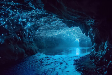 Bioluminescent cave exploration, a cave illuminated by bioluminescent organisms.