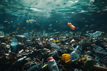 Global problem of the pollution in the ocean with a died fish surrounded by plastic. Generative AI - obrazy, fototapety, plakaty