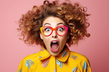 Portrait of young woman in colorful clothes and glasses with big eyes and open mouth expressing the emotion of shock