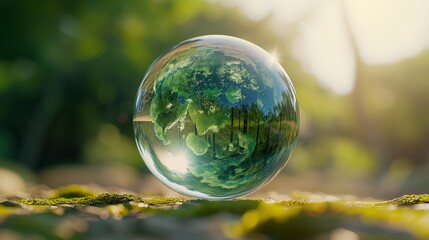 Planet Harmony: Creative Earth Concept on Glass Sphere, Inspiring Environmental Awareness with Soft Focus and Bright Colors