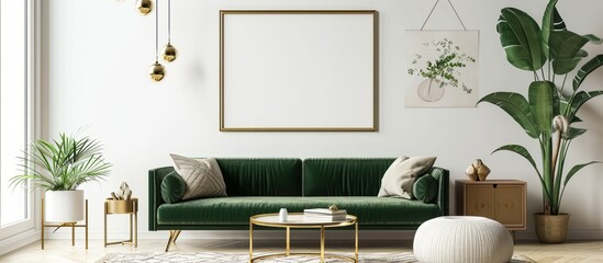 Template for an elegant living room in a house with modern design, including a green velvet sofa, coffee table, pouf, gold decor, plant, commode, carpet, poster frame, and chic accessories.