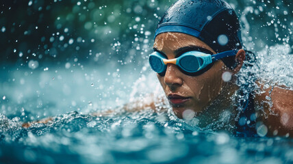 Determined female triathlete swims in the rain with unwavering focus.