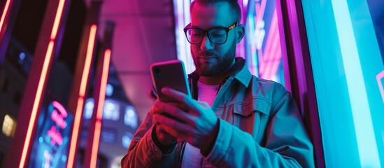 Stylish man under neon light in city street, texting on phone.