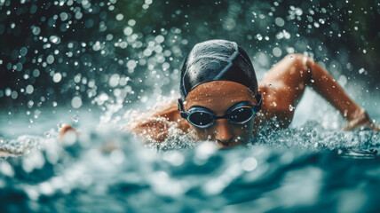 Determined female triathlete swims in the rain with unwavering focus. - obrazy, fototapety, plakaty