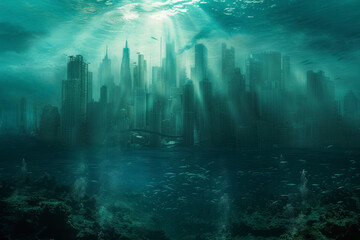 Enigmatic underwater city, landscape showcasing a mysterious cityscape beneath the ocean's surface.