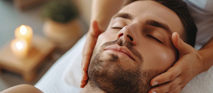 Masseuse giving facial massage to man in spa; man getting skin care treatment from cosmetician; facial massage with study of mimic muscles.