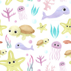Watercolor seamless pattern of beautiful cute sea animals with big eyes: turtle, whale,starfish, jellyfish and corals. Illustrations for design, , baby shower, wrapping paper, children textile