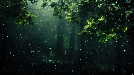 Heavy rain is falling in the dark green forest.