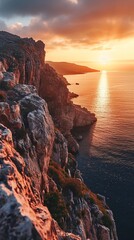 A breathtaking view of a coastal cliff at sunset, with the sea reflecting warm hues, creating a dramatic