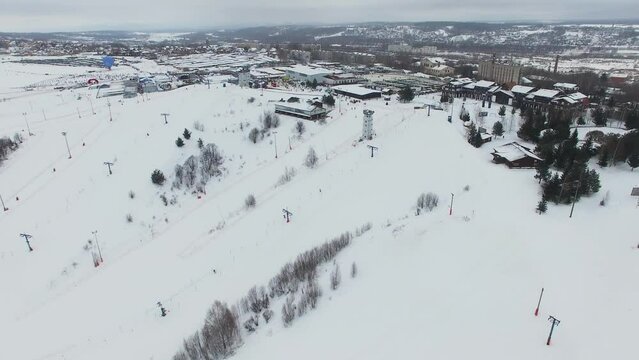 Townscape with ski base during Lyzhnia Rossii race at winter day. Aerial view