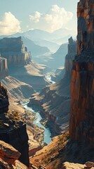 A breathtaking view of a canyon with towering cliffs and a winding river, a dramatic and immersive