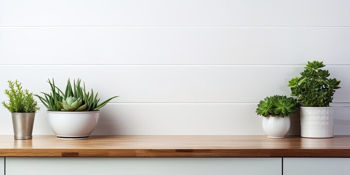 White kitchen with clean cabinets, close up. Green succulent pot on wooden worktop. Modern kitchen interior with kitchenware. White tiles background.