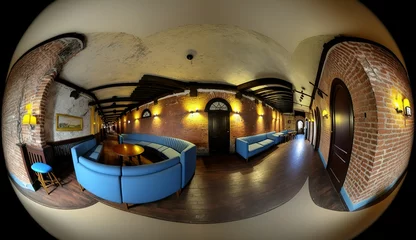 Foto op Plexiglas full spherical seamless hdri 360 panorama in interior stylish vintage loft nightclub bar with brick wall and neon light in equirectangular projection. VR content © Jennifer