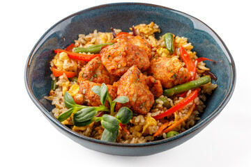 Hibachi rice with kimchi pork on a white background studio food photo 7