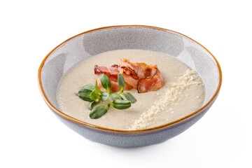 Cream of mushroom soup with bacon on a white background studio food photo 2