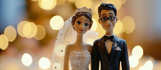 Plastic figures of a groom in an evening suit and a bride in a white wedding dress with a veil, used as a cake topper for weddings.